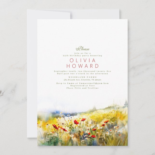 Bright Summer Wildflowers Romantic Birthday Invitation (Front)