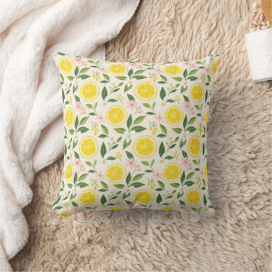 Bright Summer Yellow Lemon Slices and Flowers Throw Pillow