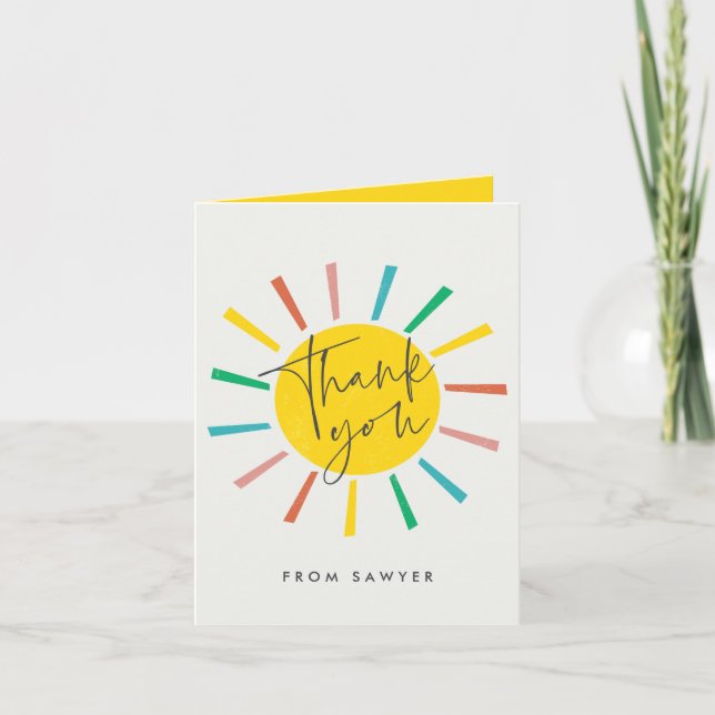 Bright Sun Script Kids Birthday Party Thank You Card (Front)