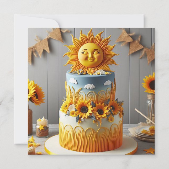 BRIGHT SUN & SUNFLOWERS DECORATED BIRTHDAY CAKE CARD (Front)