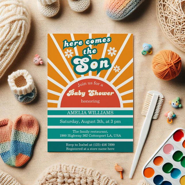 Bright Sunburst Teal Here Comes The Son Shower Invitation (Creator Uploaded)