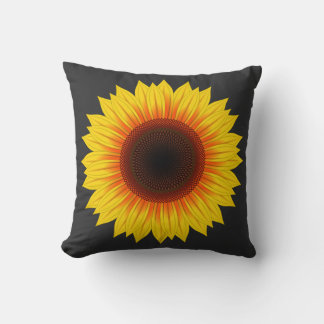Bright Sunflower Black Background Throw Pillow