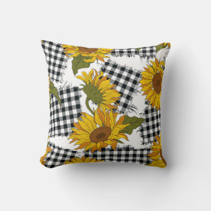 Bright sunflower flowers on chequered patches. Sea Throw Pillow