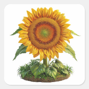 Bright Sunflower in Full Bloom with Green Leafy Square Sticker
