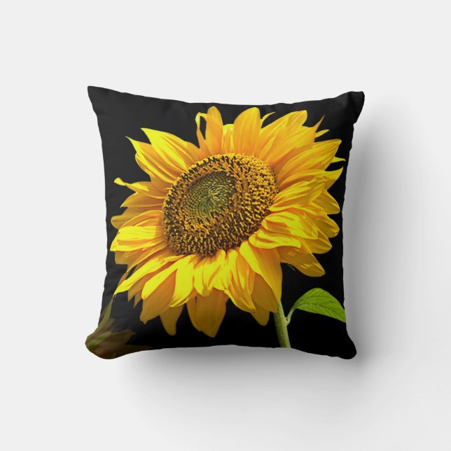 Bright Sunflower on Black Background Throw Pillow (Front)