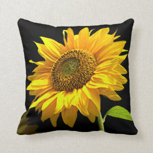 Bright Sunflower on Black Background Throw Pillow