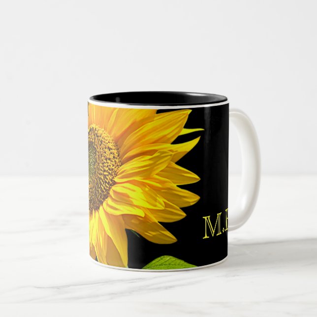 Bright Sunflower on Black Background Two-Tone Coffee Mug (Front Right)