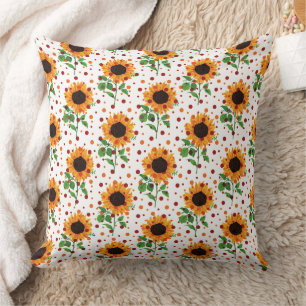 Bright Sunflower & Polka Dots Summer Floral Patter Throw Pillow