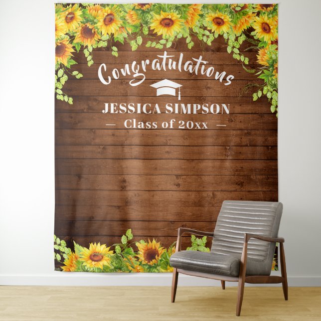 Bright Sunflower Rustic Wood Photo Booth Backdrop Tapestry (In Situ)