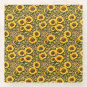 Bright Sunflower Seamless Repeat Pattern Glass Coaster