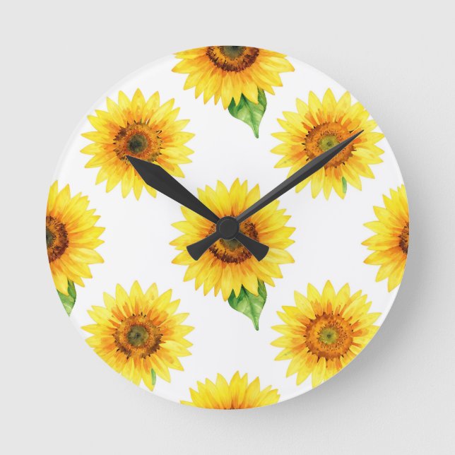 Bright Sunflower Watercolor Seamless Pattern Round Clock (Front)