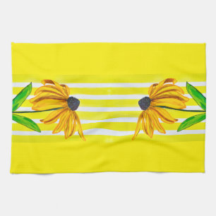 Bright Sunflower & Yellow Striped Decorative Kitchen Towel