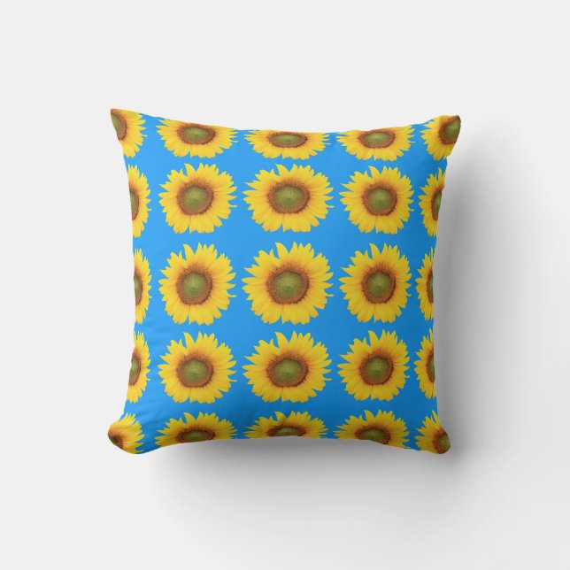 Bright Sunflowers Blue Pattern Throw Pillow (Front)