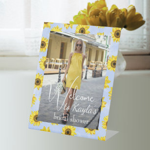 Bright Sunflowers Dusty Blue Bridal Shower Welcome Pedestal Sign