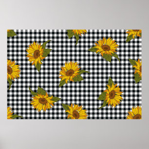 Bright sunflowers on a black and white buffalo che poster