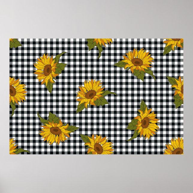 Bright sunflowers on a black and white buffalo che poster (Front)
