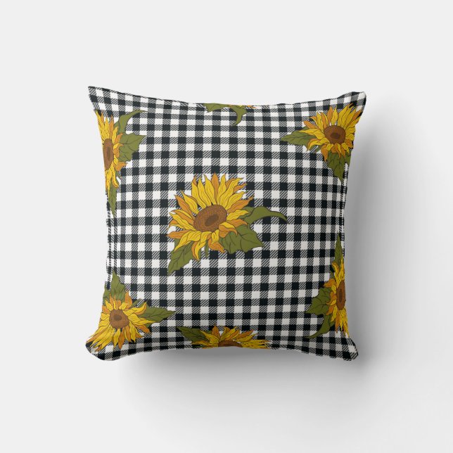Bright sunflowers on a black and white buffalo che throw pillow (Front)