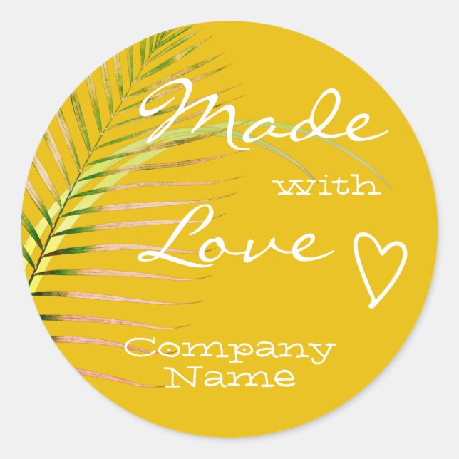  Bright Sunny Yellow Palm Tree Leaf Made with Love Classic Round Sticker (Front)