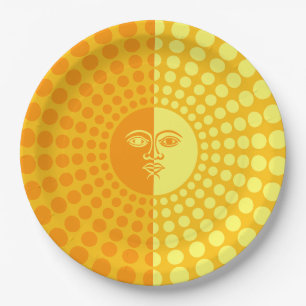 Bright Sunshine Yellow and Orange Sun with Face Paper Plate
