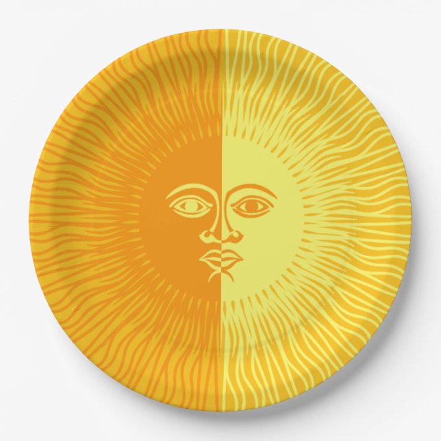 Bright Sunshine Yellow and Orange Sun with Face Paper Plate (Front)