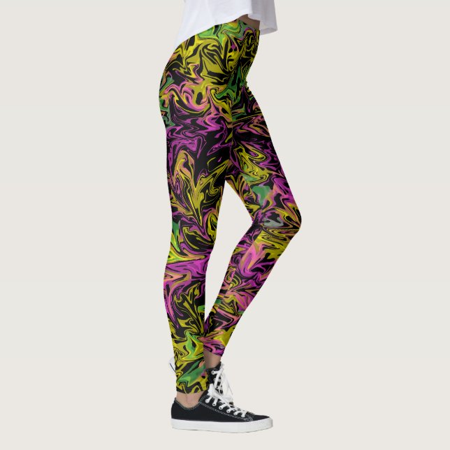 Bright Swirls of Pink Green and Yellow on Black Leggings (Right)