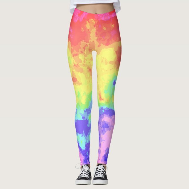 Bright Swirly Boho Hippie Trippy Groovy Rainbow Leggings (Front)