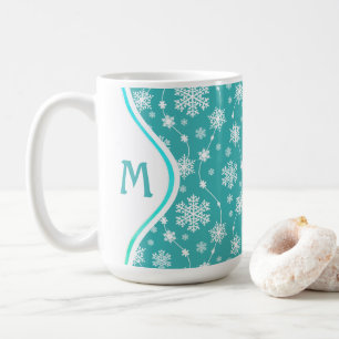 Bright Teal Blue Winter White Snowflake Pattern Coffee Mug