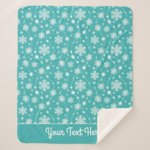 Bright Teal Blue Winter White Snowflake Pattern Sherpa Blanket