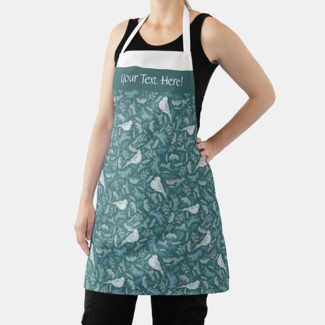 Bright Teal Green Winter White Bird Floral Pattern Apron (Insitu)