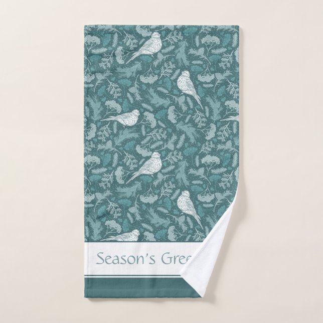 Bright Teal Green Winter White Bird Floral Pattern Bath Towel Set (Hand Towel)