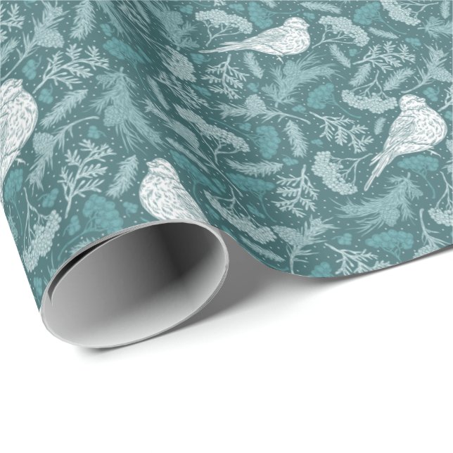 Bright Teal Green Winter White Bird Floral Pattern Wrapping Paper (Roll Corner)