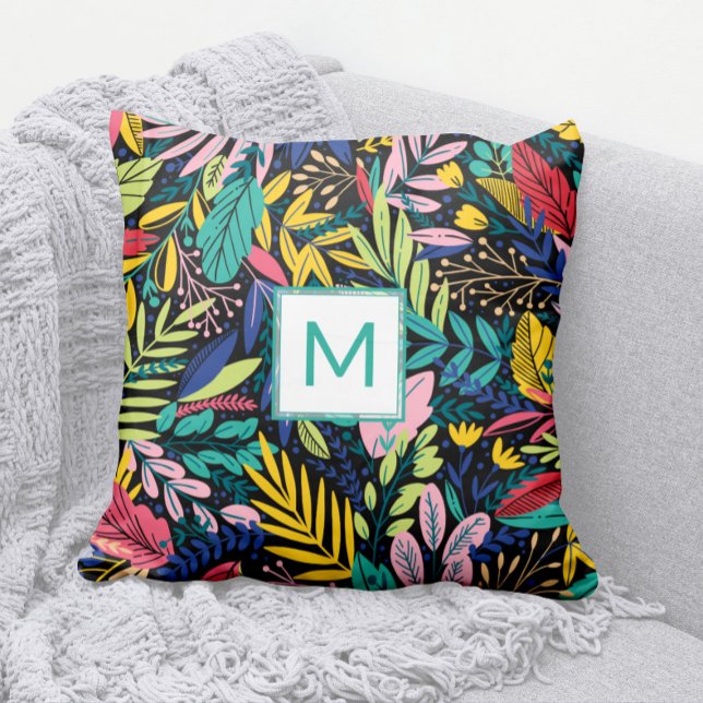 Bright Teal Monogram Modern Leaves Line Art Throw Pillow (Modern Bright and Colorful Cheery Leaves Pattern Pillow with Teal Monogram)