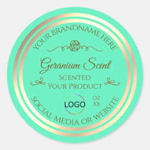 Bright Teal Product Label with Gold Frame and Logo