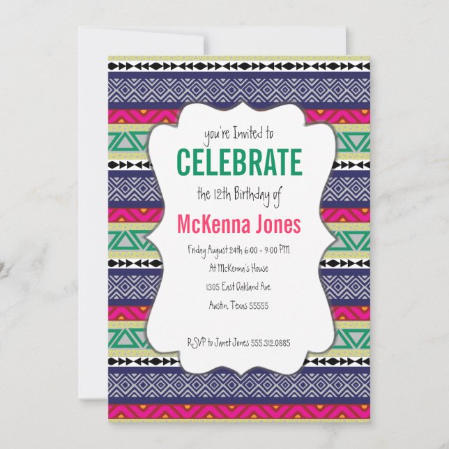 Bright tribal Aztec pattern Birthday Invitation (Front)
