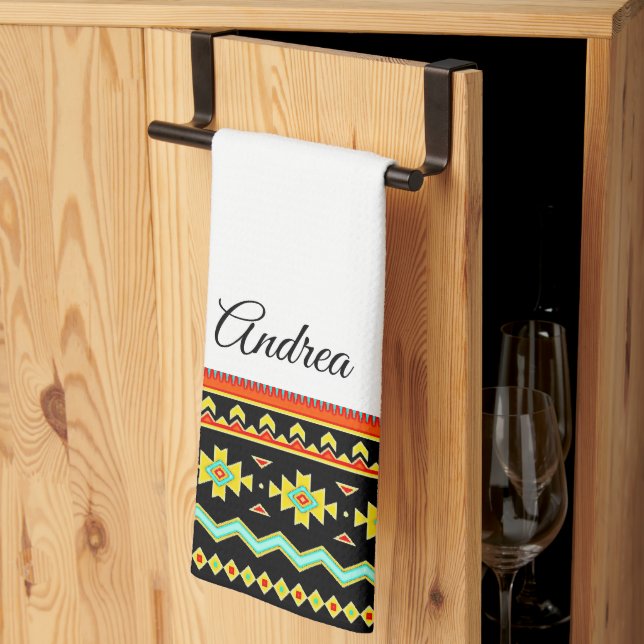 Bright tribal design personalized  kitchen towel (Thirds Fold)