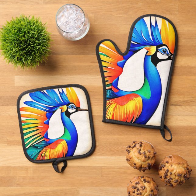 Bright Tropical Bird Oven Mitt & Pot Holder Set (Top Down)