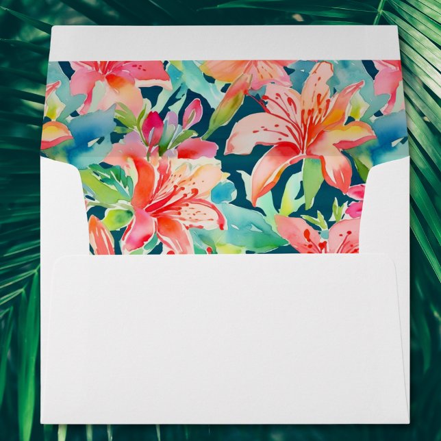 Bright Tropical Botanicals Florals Wedding Envelope (tropical botanical floral wedding invitation envelope bright colors Hawaii destination wedding )