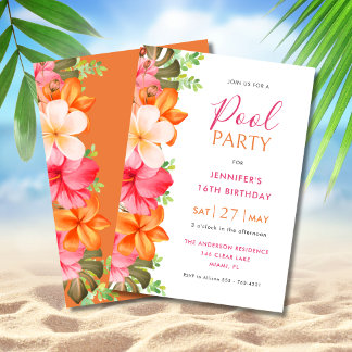 Bright Tropical Floral Birthday Pool Party  Invitation