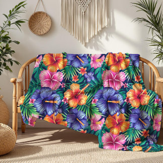 Bright Tropical Floral Fleece Blanket