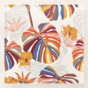 Bright Tropical Floral Hand Drawn Glass Coaster