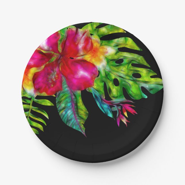 Bright Tropical Floral Hibiscus Leaves Luau Party Paper Plate (Front)