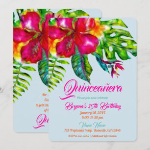 Bright Tropical Floral Hibiscus Leaves Quinceañera Invitation