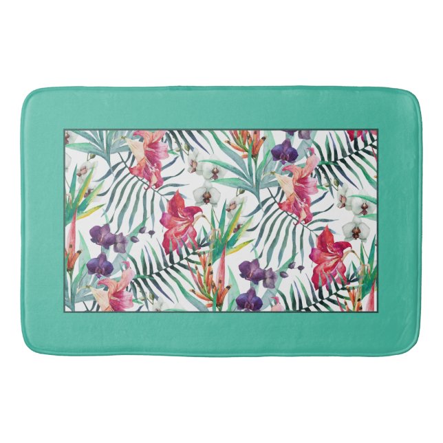 Bright Tropical Floral Pattern with Aqua Border Bath Mat (Front)