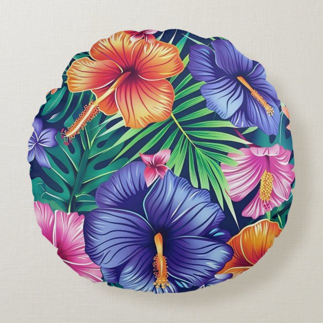Bright Tropical Floral Round Pillow (Front)