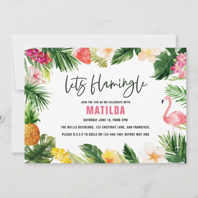 Bright tropical foliage lets flamingle birthday (Front)
