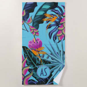 Bright Tropical Foliage Pattern with Hummingbird Beach Towel