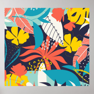 Bright Tropical Leaves Dark Pattern Poster