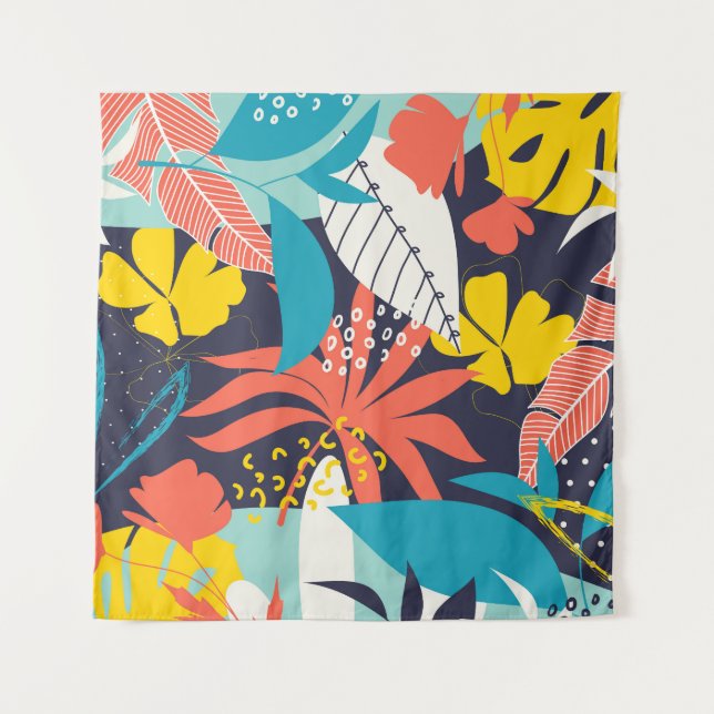 Bright Tropical Leaves Dark Pattern Tapestry (Front)