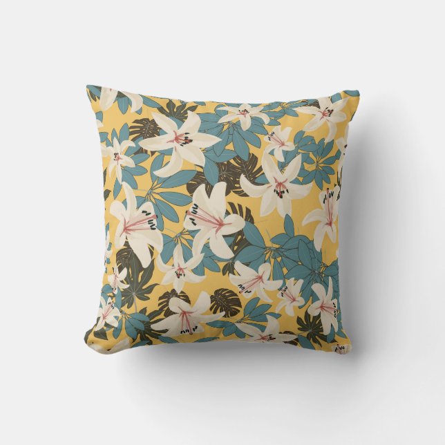 Bright Tropical Leaves Lily Pattern Throw Pillow (Front)