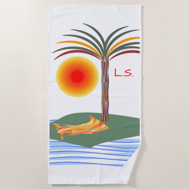 Bright Tropical Palm Tree, Sun and Waves Beach Towel (Front)
